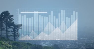 Animation of statistical data processing against aerial view of cityscape. Business data and analytics technology concept