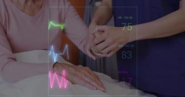 Yaşlı kadın hastayı muayene eden kadın doktorla ilgili hayati belirtilerin animasyonu. Dijital olarak üretilen tıbbi ve sağlık hizmetleri kavramı.