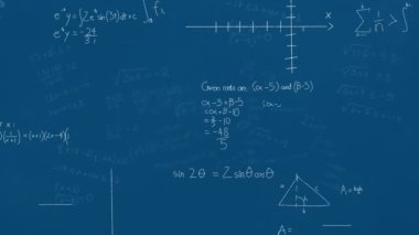 Mavi zemin üzerinde yüzen matematiksel denklemlerin ve diyagramların animasyonu. Okul ve eğitim teknolojisi kavramı