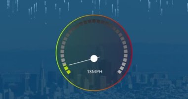 Şehir manzarasının hava görüntüsüne karşı hız göstergesi ve ikili kodlama animasyonu. Küresel ağ ve iş teknolojisi kavramı