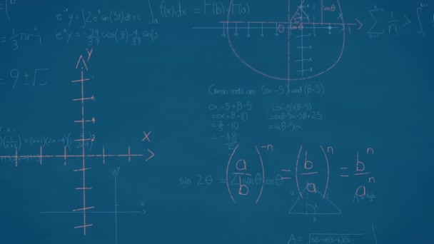 Animación Ecuaciones Matemáticas Diagramas Flotando Sobre Fondo Azul Educación Escolar — Vídeo de stock