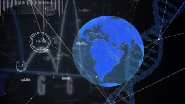 Animation Von Globus Und Netzwerk Von Verbindungen Über Pulsmesser Und — Stockvideo