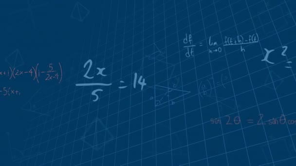 在蓝色背景下在网格网络上漂浮的数学方程和图表的动画 学校和教育概念 — 图库视频影像