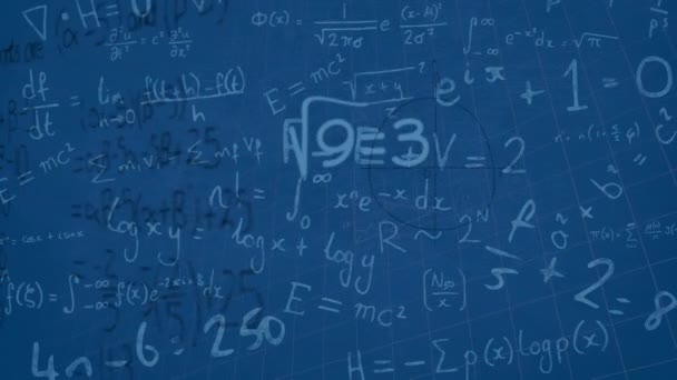 Animação Equações Matemáticas Diagramas Flutuando Contra Fundo Azul Conceito Tecnologia — Vídeo de Stock