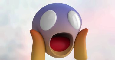 Bulut arkaplanındaki şok olmuş emoji simgesinin resmi. Dijital olarak oluşturulan küresel sosyal medya, ağlar ve iletişim konsepti.