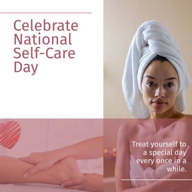 Çeşitli insanların cilt bakımı ve rahatlatıcı hareketleri üzerine ulusal kişisel bakım günü metninin kompozisyonu. Ulusal self-care konsepti dijital olarak oluşturulmuş görüntü.