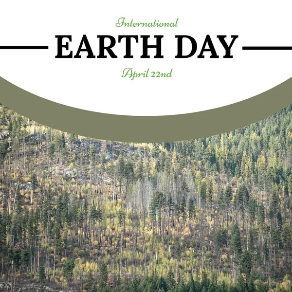 Imagen Del Texto Del Día Internacional Tierra Sobre Bosque Abetos — Foto de Stock