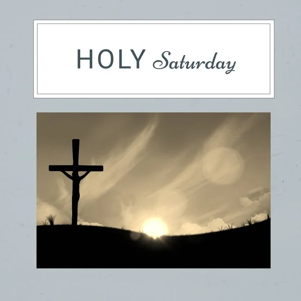 Composite Silhouette Crucifix Land Sky Beautiful Sunset Holy Saturday Text — Stock Photo, Image