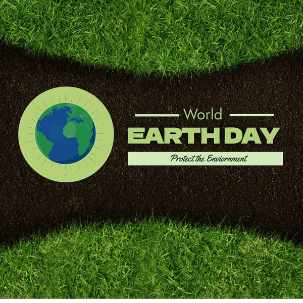 Composite of world earth day, protect the environment text with globe over grassy and muddy land. Green, brown, nature, awareness, support and environmental conservation concept.
