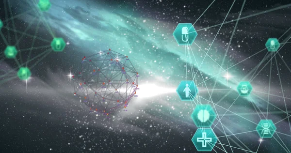 Image of interface with medical icons network of connections spinning over universe. Global network medicine research science concept digitally generated image.
