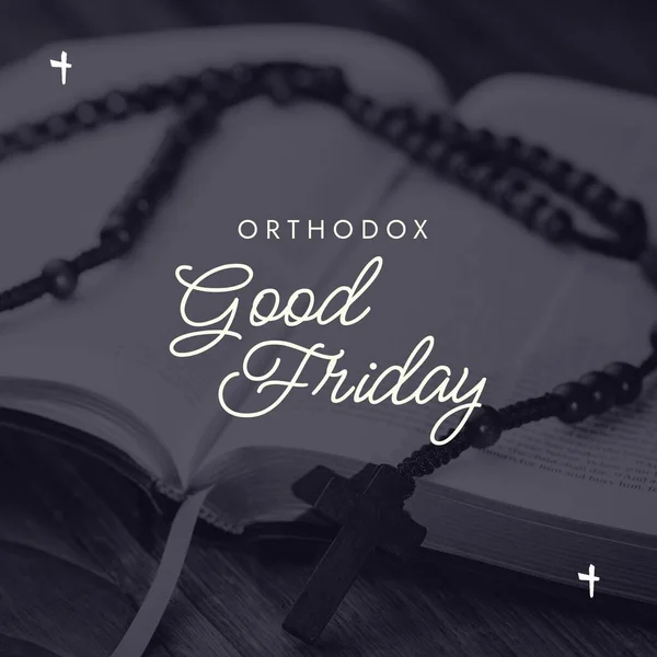 Skládá Ortodoxní Dobrý Pátek Text Kříž Přes Růženec Korálky Bible — Stock fotografie