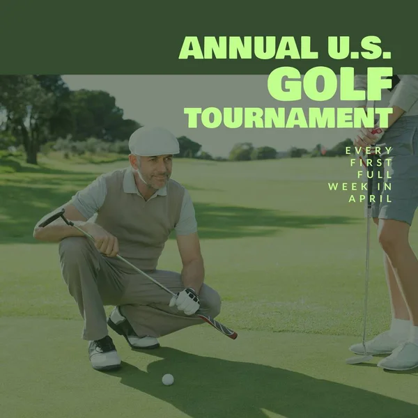 Image of annual us golf tournament text over caucasian male and female golf players on golf course. Annual us golf tournament and sport concept digitally generated image.