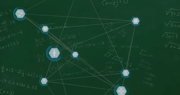 Image of network of connections with icons over mathematical equations on green background. Global connections and digital interface concept digitally generated image.