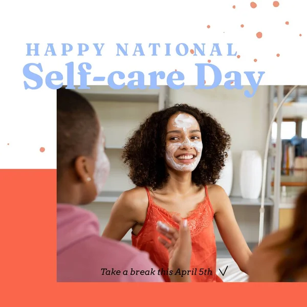 마스크를 친구들에 전국적 텍스트 National Self Care Day 디지털화 이미지 — 스톡 사진