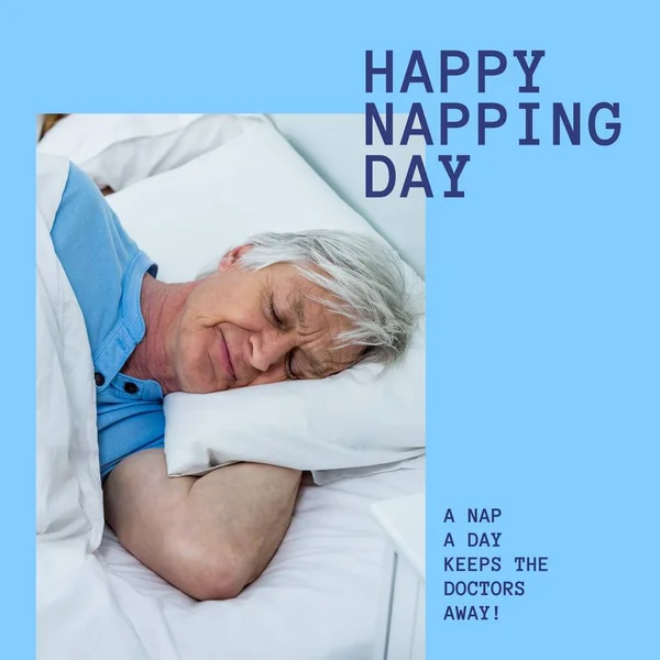 Image of happy napping day text over senior caucasian man sleeping in bed. National napping day and celebration concept digitally generated image.