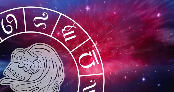 Sammansättning Zodiak Hjul Med Akvarium Stjärna Tecken Över Stjärnor Astrologi — Stockfoto