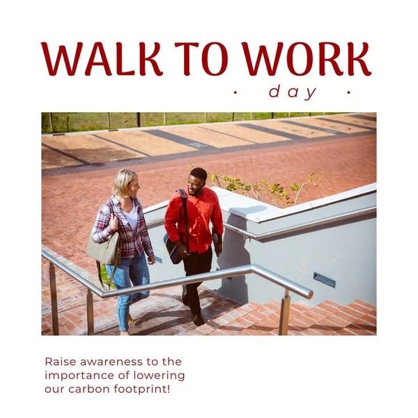 Composition of walk to work day text and diverse business people walking. Walk to work day and active lifestyle concept digitally generated image.