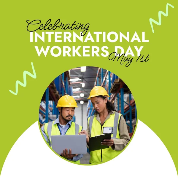 Composition of international workers day text over workers in helmets on green background. International workers day and labour concept digitally generated image.