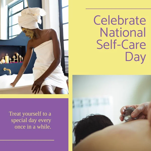 Composition of celebrate national self-care day text over diverse people doing skincare and relaxing. National self-care day concept digitally generated image.