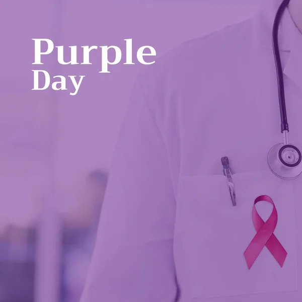 てんかん紫色のリボンで白人医師の上に紫色の日のテキストの画像 紫の日とお祝いのコンセプトデジタル生成画像 — ストック写真