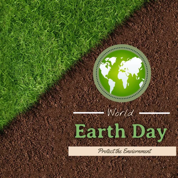 Composite of globe with world earth day and protect the environment text over grassy and muddy field. Green, brown, nature, awareness, support and environmental conservation concept.