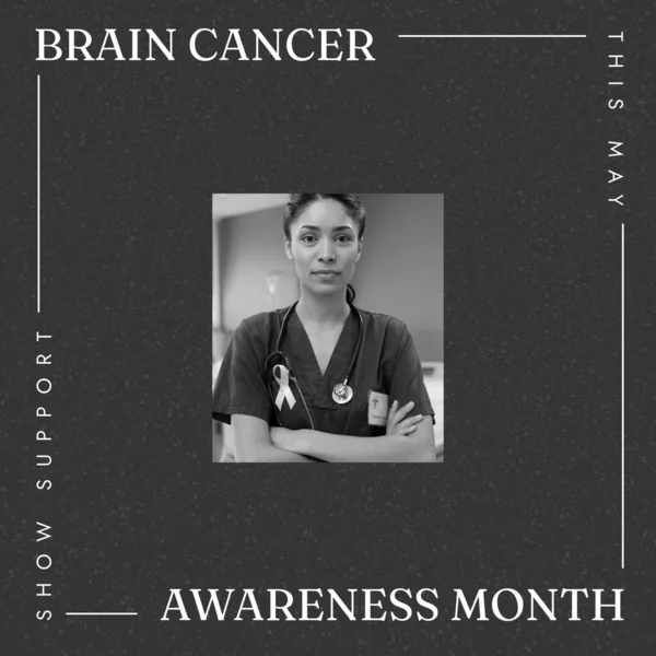 Composition of brain cancer awareness month text over biracial female doctor on black background. Brain cancer awareness month concept digitally generated image.