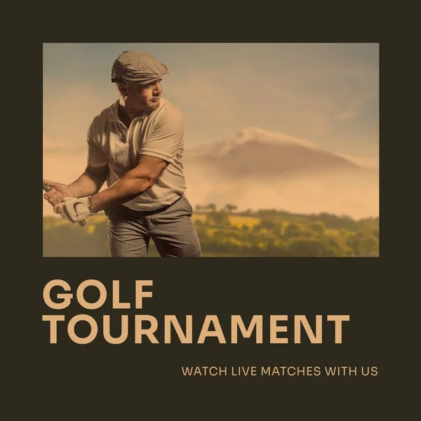 Image of golf tournament text over caucasian male golf player and landscape. Golf tournament and sport concept digitally generated image.
