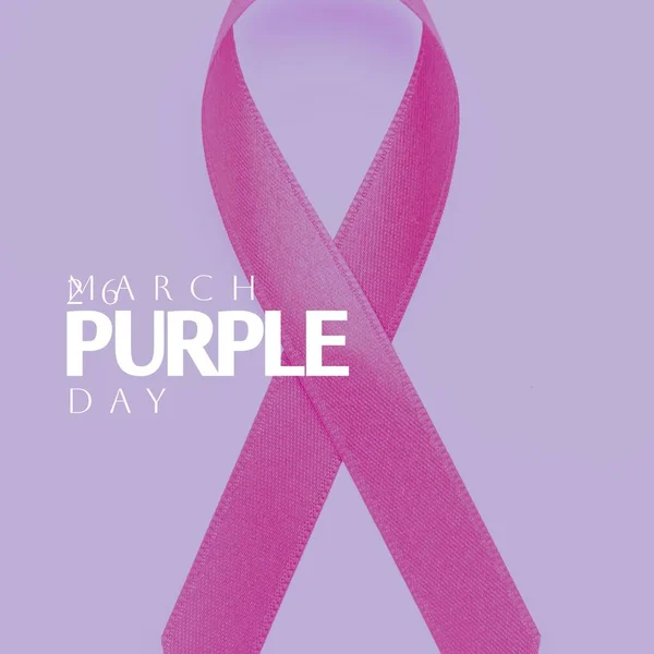 Image of purple day text over epilepsy purple ribbon. Purple day and celebration concept digitally generated image.