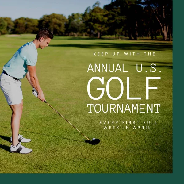 Image of annual us golf tournament text over caucasian male golf player on golf course. Annual us golf tournament and sport concept digitally generated image.