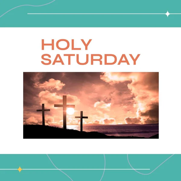 Composite Holy Saturday Text Silhouette Crosses Beach Sea Cloudy Sky — Stock Photo, Image