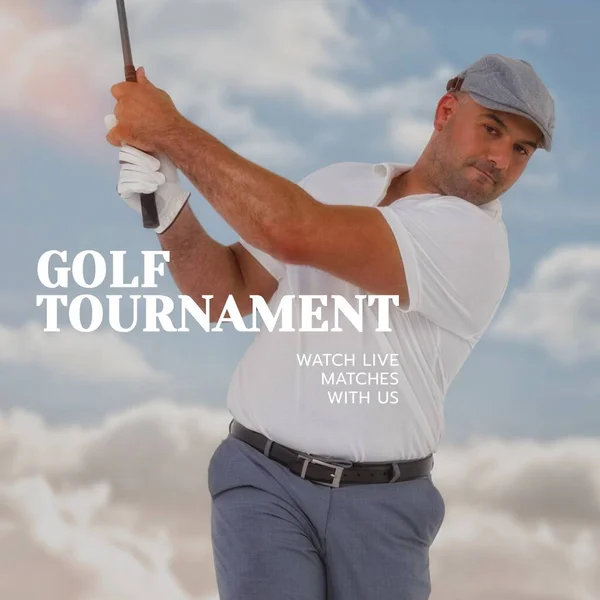 Image of golf tournament text over caucasian male golf player and clouds. Golf tournament and sport concept digitally generated image.
