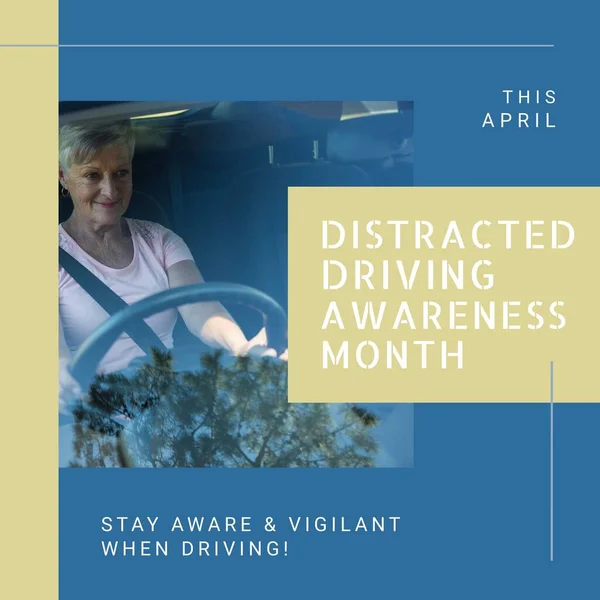 Composition of distracted driving awareness month text over senior caucasian woman driving car. Distracted driving awareness month concept digitally generated image.