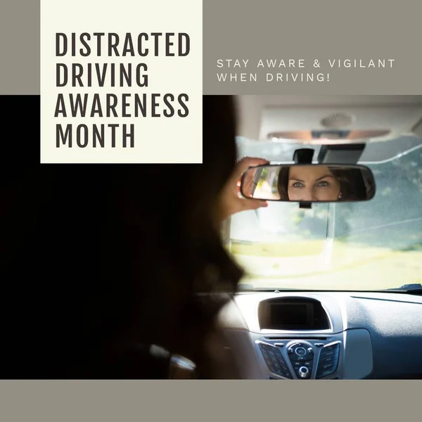 Composition of distracted driving awareness month text over caucasian woman driving car. Distracted driving awareness month concept digitally generated image.