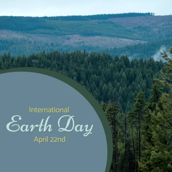 stock image Illustration of international earth day and april 22nd text in curve and trees on blue background. Copy space, nature, awareness, support, protection and environmental conservation concept.