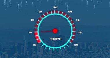 Şehir manzarasının hava görüntüsüne karşı hız göstergesi ve ikili kodlama animasyonu. Küresel ağ ve iş teknolojisi kavramı