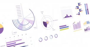 Beyaz arka planda istatistik, grafik ve finansal veri işleme animasyonları. Küresel iş, finans, hesaplama ve veri işleme kavramı dijital olarak oluşturulmuş video.