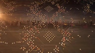 Veri işleme, şehir manzarası ve devre kartı animasyonu. Küresel ağlar, hesaplama, dijital arayüz ve veri işleme kavramı dijital olarak oluşturuldu.