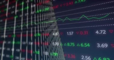 Animation of stock market data processing against low angle view of a tall building. Global economy and business technology concept