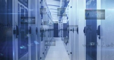 Sunucu odasına karşı yuvarlak tarayıcıların, veri işleme ve matematiksel denklemlerin animasyonu. Bilgisayar arayüzü ve iş veri depolama teknolojisi kavramı