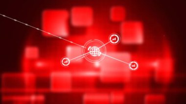 Kırmızı arkaplanda parlayan kare şekiller üzerinde dijital simge ağının animasyonu. Küresel ağ ve iş teknolojisi kavramı