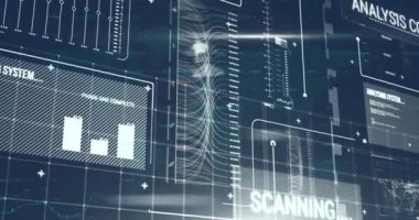 Mavi arkaplandaki veri işleme ve şekillerin canlandırılması. Küresel işletme dijital arayüz ve veri işleme kavramını dijital olarak oluşturur.