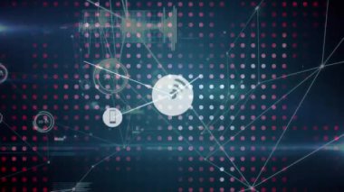 Mavi arkaplan üzerindeki noktalar üzerinde dijital simge ve veri işleme ağının animasyonu. Küresel ağ ve iş teknolojisi kavramı