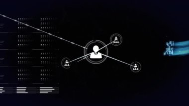 Veri işleme ve ikili kodlama üzerinde profil simgelerinin ve mavi ışık izlerinin animasyonu. Küresel ağ ve iş arayüzü teknolojisi kavramı