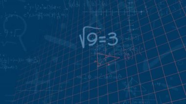 Mavi zemin üzerinde yüzen matematiksel denklemlerin ve diyagramların animasyonu. Okul ve eğitim kavramı