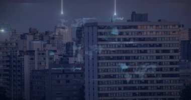 Şehir manzarası ve bağlantıların animasyonu. Küresel ağlar, hesaplama, dijital arayüz ve veri işleme kavramı dijital olarak oluşturuldu.