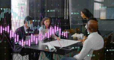 Animation of financial data processing over diverse business people working in office. Global business, finances, computing and data processing concept digitally generated video.