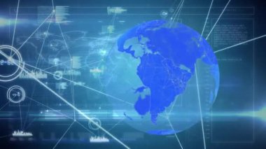 Veri işleme arayüzüne karşı bağlantı ağının ve dünyanın animasyonu. Bilgisayar arayüzü ve iş ağı teknolojisi kavramı