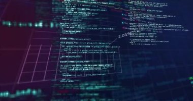 Animation of statistical and stock market data processing against blue background. Global economy and business data technology concept
