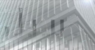 Animation of financial data processing over cityscape. Global business, finances, computing and data processing concept digitally generated video.