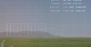 Çayır üzerinde dönen yel değirmenlerine karşı istatistiksel ve borsa veri işleme animasyonu. Küresel ekonomi ve yenilenebilir enerji teknolojisi kavramı